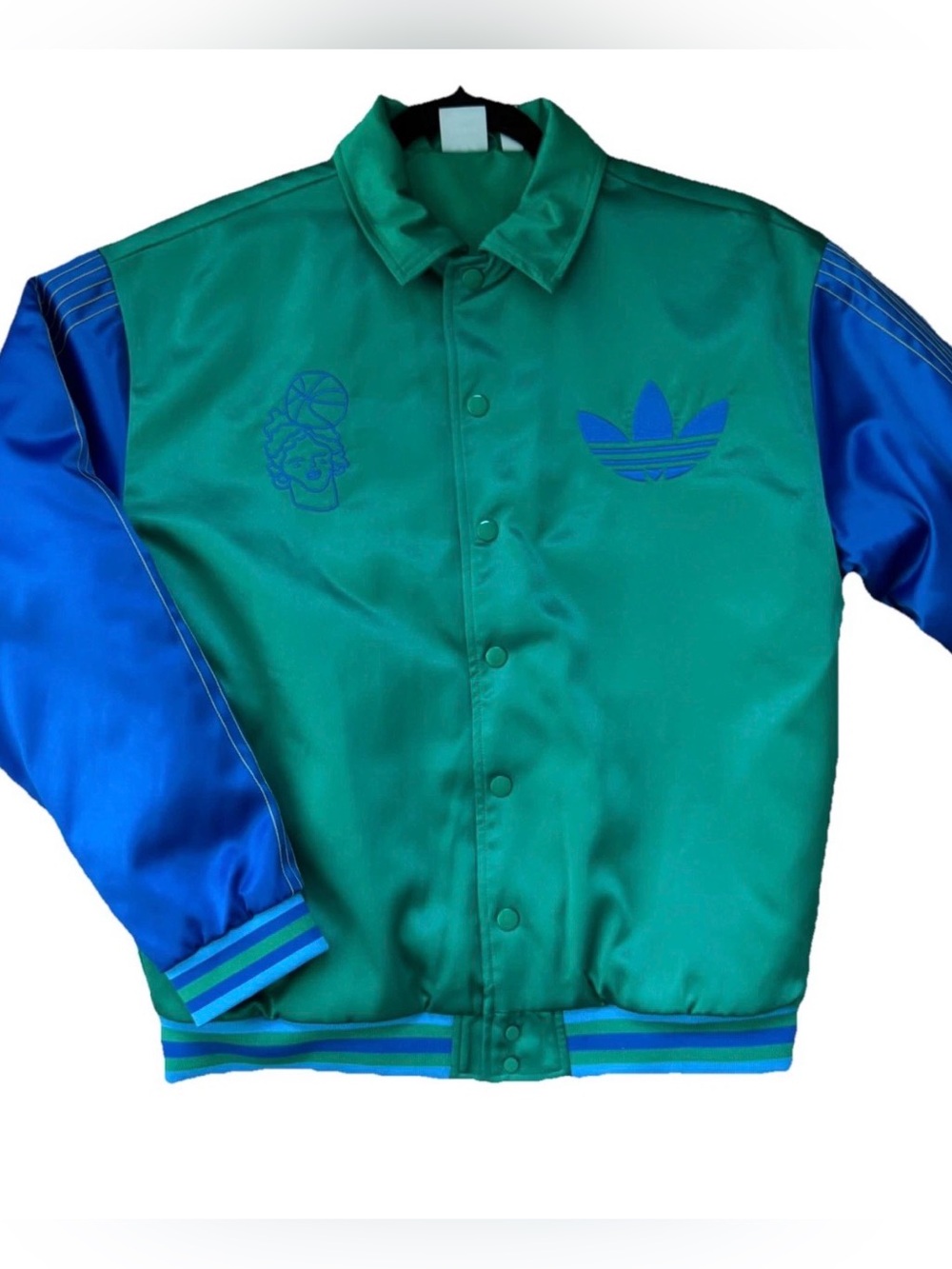 adidas Green and Blue Hoop York City Satin Bomber XS